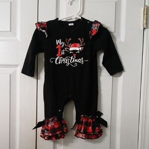 My 1st Christmas Black Christmas Baby Romper Red Plaid Accents Sz 3-6 month NWOT